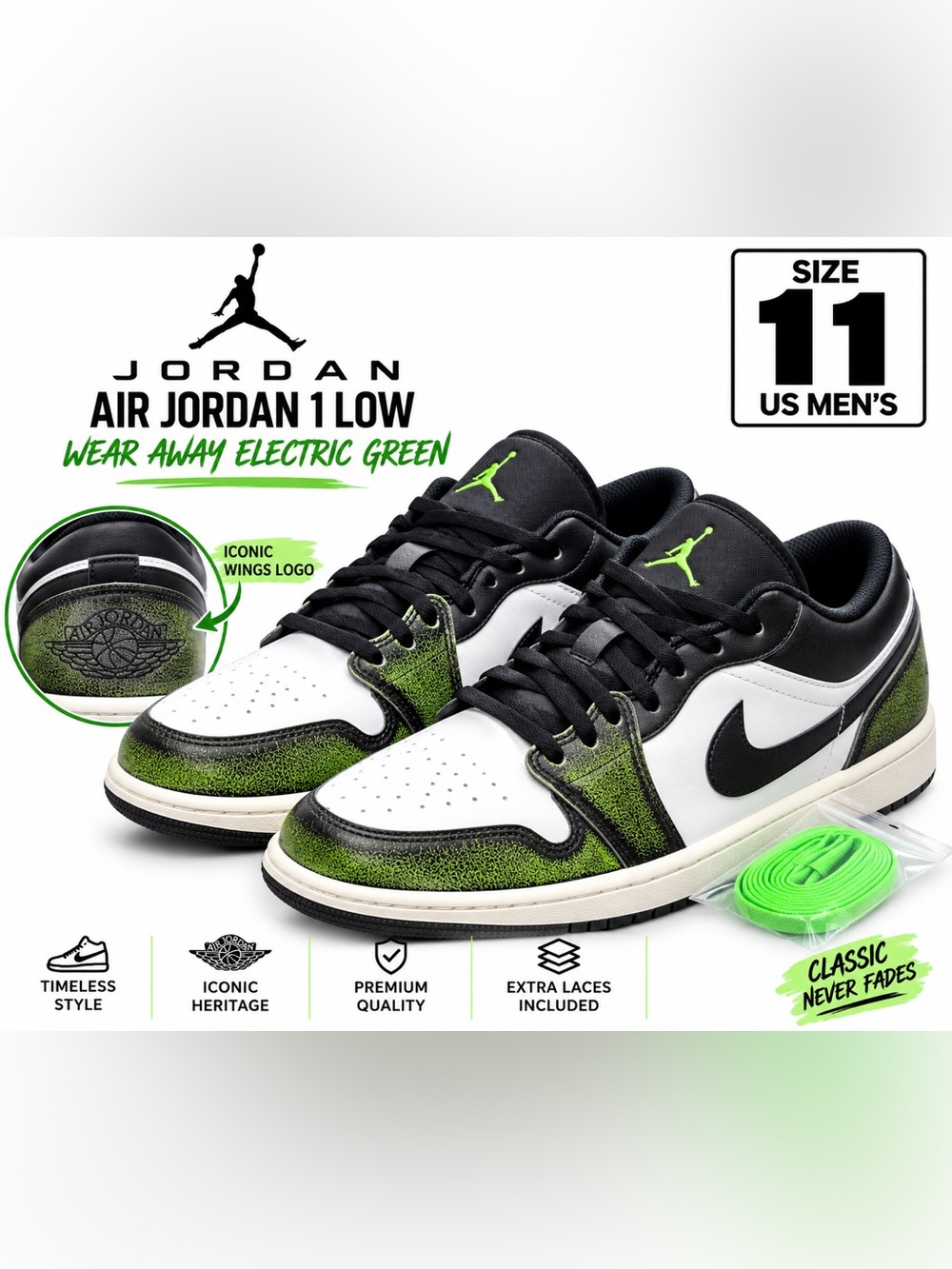 Air Jordan 1 Low Wear Away Electric Green Men’s Size 11 Extra Laces